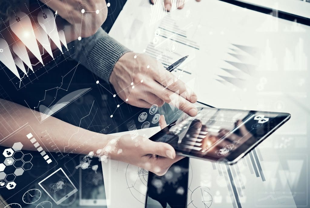 Photo female hands holding modern tablet and man touching screen